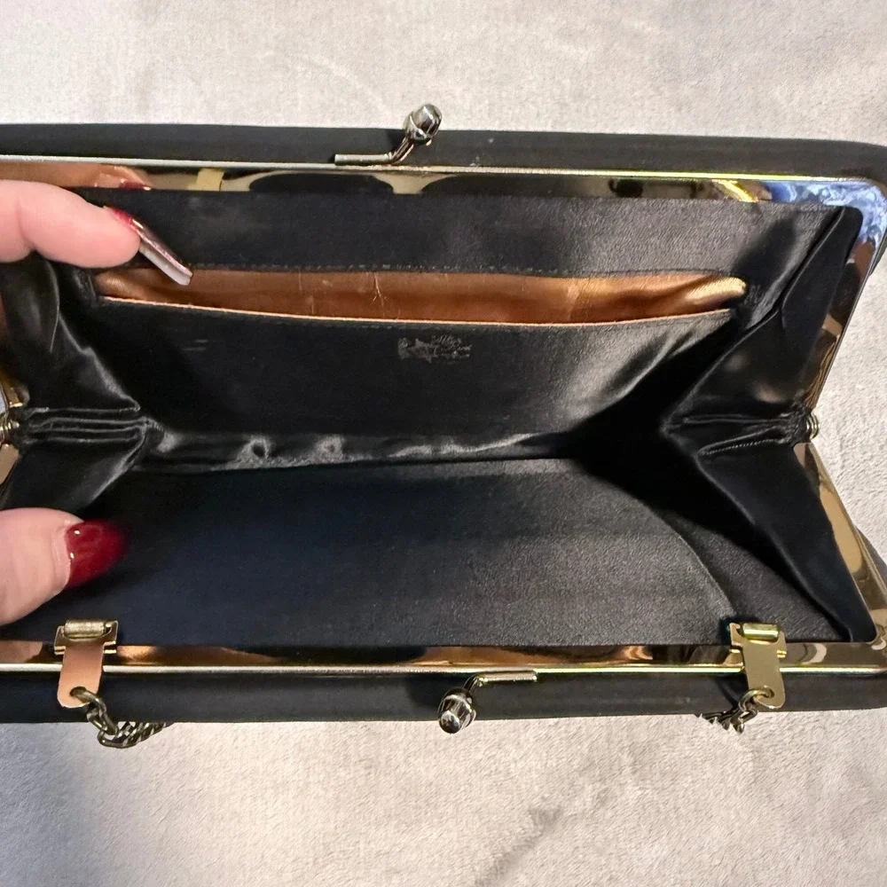 Vintage‎ After Five Black Satin Clutch Gold Bow Evening Bag Purse USA